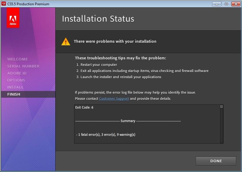 Installation error for Adobe CS 5.5 into my Alienw - Adobe 